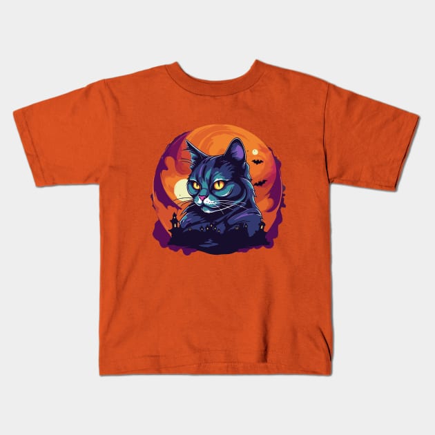 Vintage Scary Halloween Cat Costume Witch Hat & Moon Kids T-Shirt by Aestrix